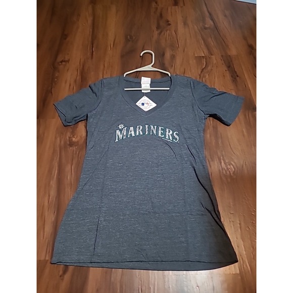 Womens Mariners Baseball V Neck T-Shirt Size L Navy Blue Short Sleeve - Picture 1 of 3